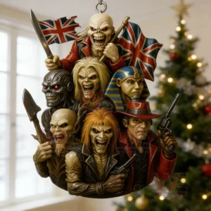A multicharacter ornament showing several fierce figures holding weapons and flags hanging in a festive room!