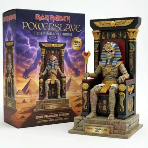 Brick pharaoh character seated on a decorated throne displayed next to a themed collector box with dramatic artwork!