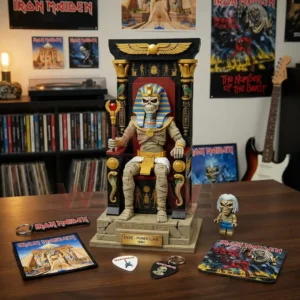 Brick pharaoh throne figure displayed on a table in a room filled with music posters and records!