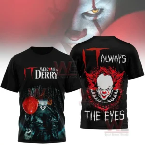 Black horror shirt with creepy clown character red balloon dark artwork and dramatic typography!