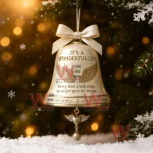 A golden bell ornament with engraved wings and inspirational text hanging on a Christmas tree with lights and snow!