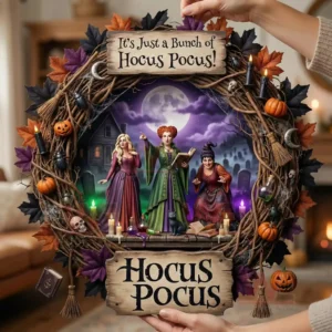 Halloween wreath with three witches moonlight pumpkins candles and autumn leaves in a magical display!