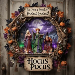 It's just a Bunch of Hocus Pocus Christmas Decoration Wreath Ornament 3 Halloween wreath hanging on a wooden door with witches pumpkins candles and autumn leaves!