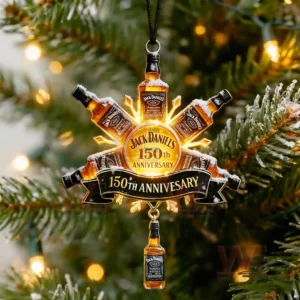 Christmas tree ornament with glowing snowflake design and multiple miniature Jack Daniels whiskey bottles marking the one hundred fiftieth anniversary!