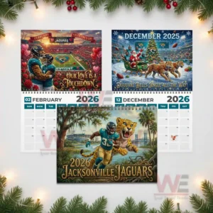 Jacksonville Jaguars 2026 Wall Calendar 7 Grouped calendar pages featuring multiple Jaguars themed illustrations for assorted months!