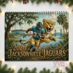 Jacksonville Jaguars 2026 Wall Calendar 8 Close view of a Jaguars player and jaguar running together in a natural and stadium filled scene!