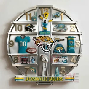 Close up view of a Jacksonville Jaguars decorative wall clock featuring football themed details and bold team branding!