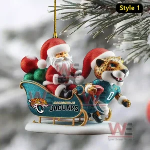 Ornament of Santa riding in a teal sleigh led by a jaguar mascot holding a football!