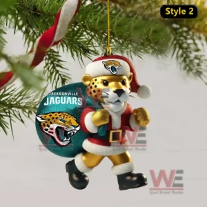 Jacksonville Jaguars Mascot x Santa Claus Christmas Ornament 4 Ornament of a jaguar mascot in a Santa suit carrying a teal gift sack with a team logo!