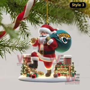 Jacksonville Jaguars Mascot x Santa Claus Christmas Ornament 5 Ornament of Santa holding a teal team themed gift bag beside a decorated chimney!