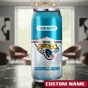 A custom Jacksonville Jaguars can shaped tumbler placed in a living room setting with strong team colors and a space for text personalization!