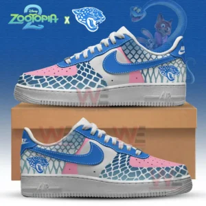 Custom sneakers with blue pink and white scaled designs the Jacksonville Jaguars logo and Zootopia artwork behind them!
