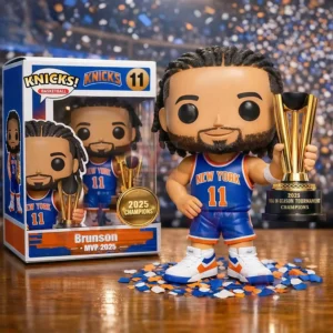 Basketball collectible figure holding a trophy on a court floor with confetti and celebration atmosphere!