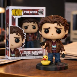 James Ransone themed collectible figure holding a pistol and phone with a yellow duck on a desk and a The Wire box in the background.