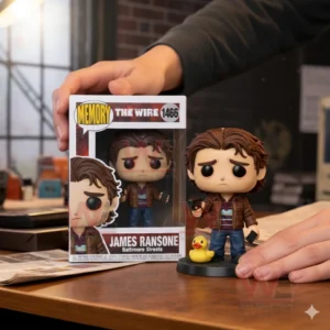 Hands arranging a James Ransone themed collectible figure with a yellow duck beside a The Wire Memory box on a wooden desk.