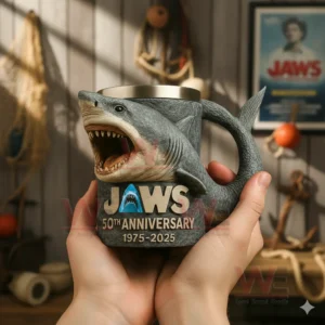 Hands holding a shark shaped movie anniversary mug inside a themed room with classic decor!