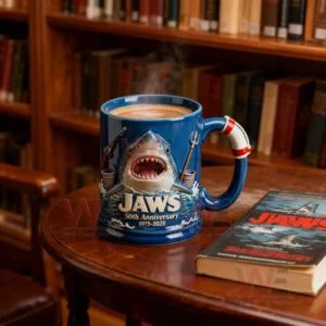 A blue Jaws fiftieth anniversary mug with steam rising next to a Jaws book on a wooden table in a library!