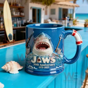 A blue Jaws fiftieth anniversary mug sitting on a turquoise bar counter with seashells and a beach scene in the background!