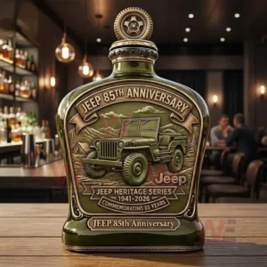 Decorative Jeep heritage bottle standing on a bar counter with bottles and lights behind it!