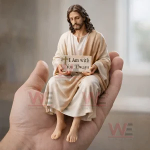 A small Jesus figurine sitting on a human hand holding a sign that reads I Am with You Always!