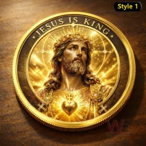 Gold coin showing Jesus portrait with radiant light and sacred heart and the rim text Jesus Is King.