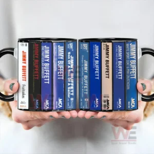 Jimmy Buffett Albums Cassette Retro Collection Accent Mug 6 Front view of a ceramic mug with Jimmy Buffett cassette album collection held by two hands!