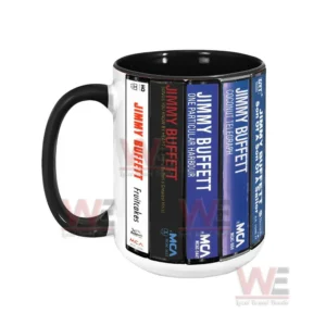 Jimmy Buffett Albums Cassette Retro Collection Accent Mug 7 Angled view of a ceramic mug featuring Jimmy Buffett cassette album spines and a black handle!