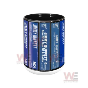 Jimmy Buffett Albums Cassette Retro Collection Accent Mug 8 Front facing view of a ceramic mug decorated with Jimmy Buffett cassette album artwork in a clean studio setting!