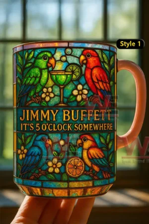 Stained glass style Jimmy Buffett mug with colorful parrots flowers and a margarita glass.