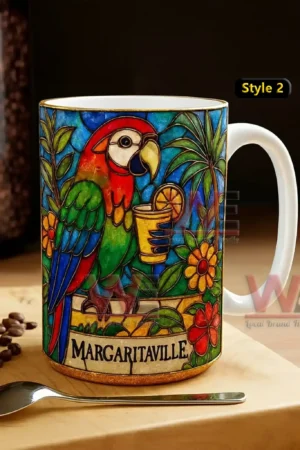 Jimmy Buffett Ceramic Mug 4 Tropical stained glass style mug with a colorful parrot holding a drink and Margaritaville text.