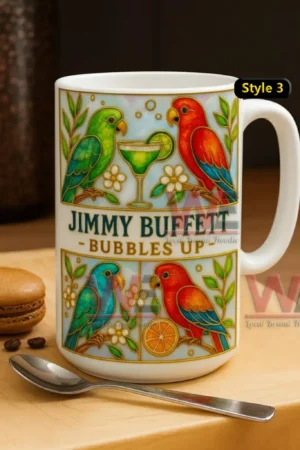 Jimmy Buffett Ceramic Mug 5 White ceramic mug with colorful tropical bird designs citrus imagery and Jimmy Buffett themed text.
