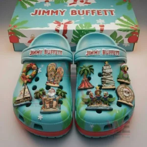 Turquoise Jimmy Buffett themed Christmas clogs with tropical charms placed before a festive box!