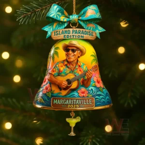 Tropical Christmas bell ornament with an island musician playing guitar decorated with palm trees ocean waves and festive colors!