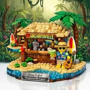 Margaritaville Legacy tropical brick model with beach bar palm trees surfboards parrots and a figure holding a drink and guitar on a water and sand base!