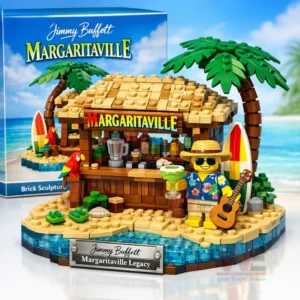 Jimmy Buffett Margaritaville Legacy Brick Building Blocks Set 3 Margaritaville tropical brick model beach bar with palm trees surfboards and a figure holding a drink shown in front of a Jimmy Buffett Margaritaville product box!