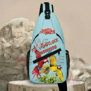 Jimmy Buffett Personalized Sling Bags 7 Parrot themed light blue sling backpack with black straps shown on a rocky display surface under warm natural lighting!