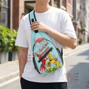 Jimmy Buffett Personalized Sling Bags 6 Light blue parrot design sling bag worn crossbody by a person walking outdoors in a city street setting!