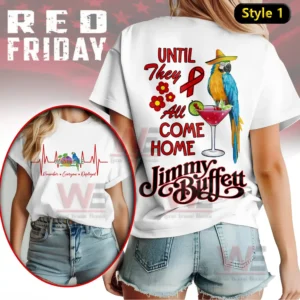 A white tshirt displaying a parrot on a cocktail glass with bold supportive text and decorative elements!
