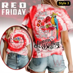 Jimmy Buffett Red Friday Until They all Come Home Shirt 6 A tie dye tshirt displaying a parrot on a drink glass with supportive text and floral details!