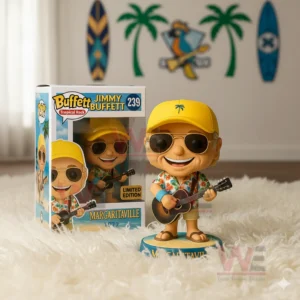 Tropical Jimmy Buffett figure holding a guitar beside its box in a themed room.