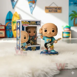 Jimmy Buffett Tropical Limited Edition Pop Vinyl Figures 7 Jimmy Buffett figure with electric guitar beside its box in an ocean themed room.