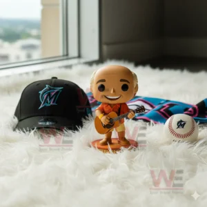 Jimmy Buffett Tropical Limited Edition Pop Vinyl Figures 8 Jimmy Buffett figure with guitar displayed near cap baseball and scarf on a rug.