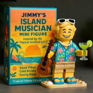 Smiling island musician figure with guitar tropical drink and colorful packaging in a warm playful setting!