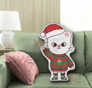 Jiniret Stray Kids Custom Shaped Pillow 6 White cartoon bear shaped pillow in christmas clothing displayed on a green sofa!