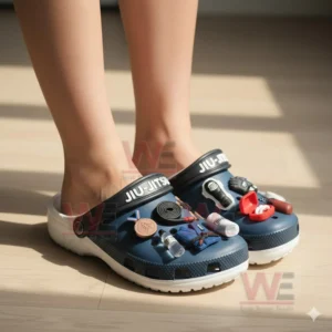 Jiu Jitsu Crocs Clogs with Charms 4 Feet wearing blue jiu jitsu clogs with miniature martial arts charms!