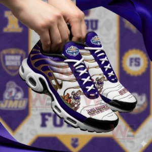 Custom purple and gold James Madison University football themed athletic shoes with mascot illustrations logos and white laces shown in a studio presentation.