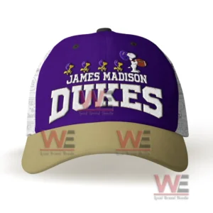 Front view of a purple James Madison Dukes baseball cap with Snoopy embroidery and curved brim!