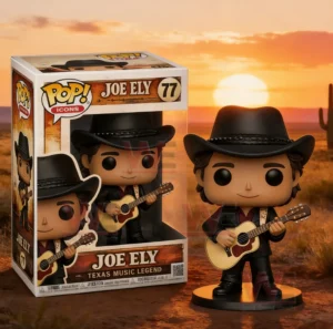 Vinyl style musician figure in a black cowboy hat holding a guitar beside a Joe Ely Texas Music Legend display box with a desert sunset background!