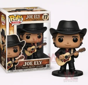 Vinyl style musician figure wearing a black cowboy hat and holding a guitar beside a Joe Ely Texas Music Legend collectible box on a white background!