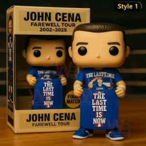 John Cena farewell tour collectible figure holding a The Last Time Is Now sign posed beside a John Cena Farewell Tour 2002 2025 display box!